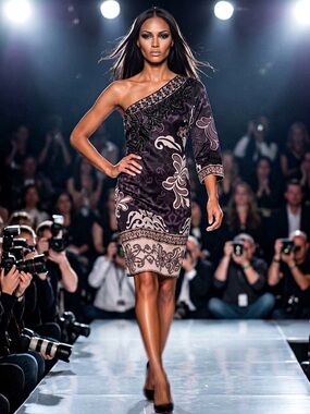 Hale Bob Stunning Taupe/Black Beaded One Shoulder Midi Dress L Floral pattern